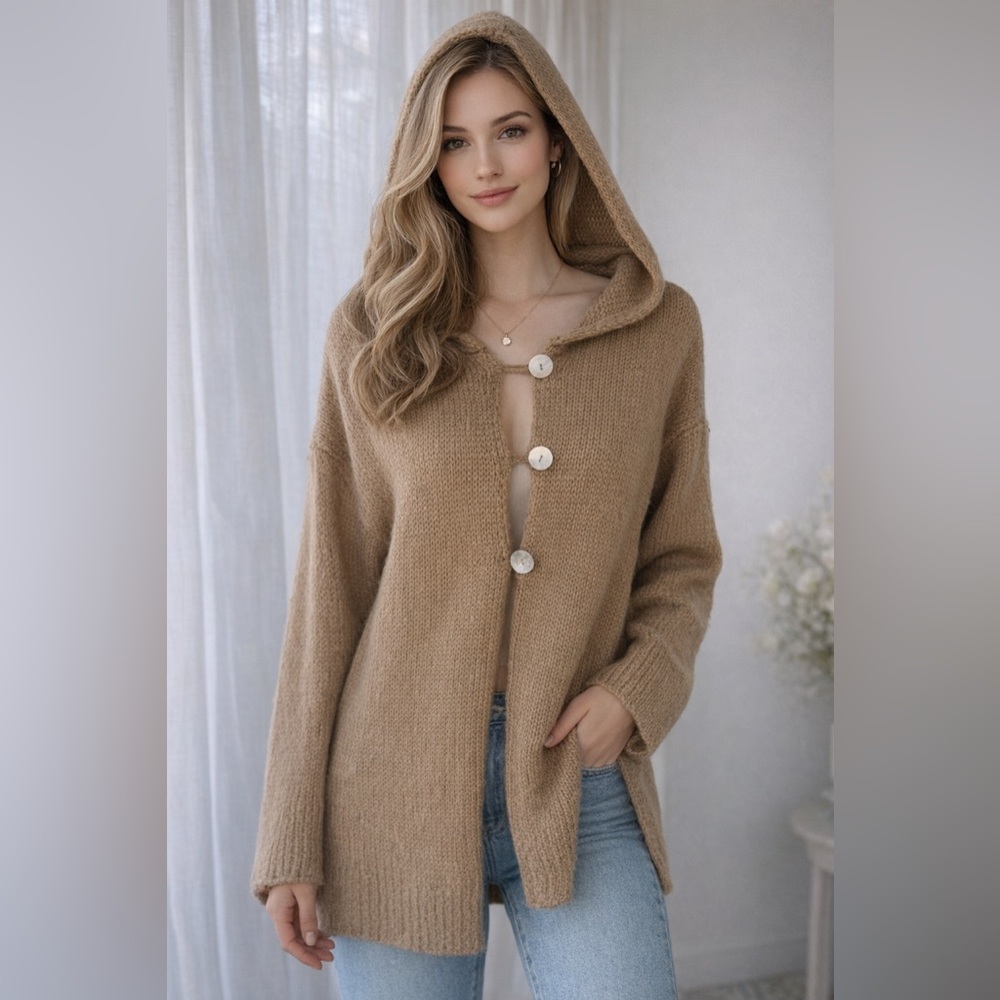 Soft Surroundings Hooded Cardigan Sweater Mohair Blend Oversized Tan Size S
